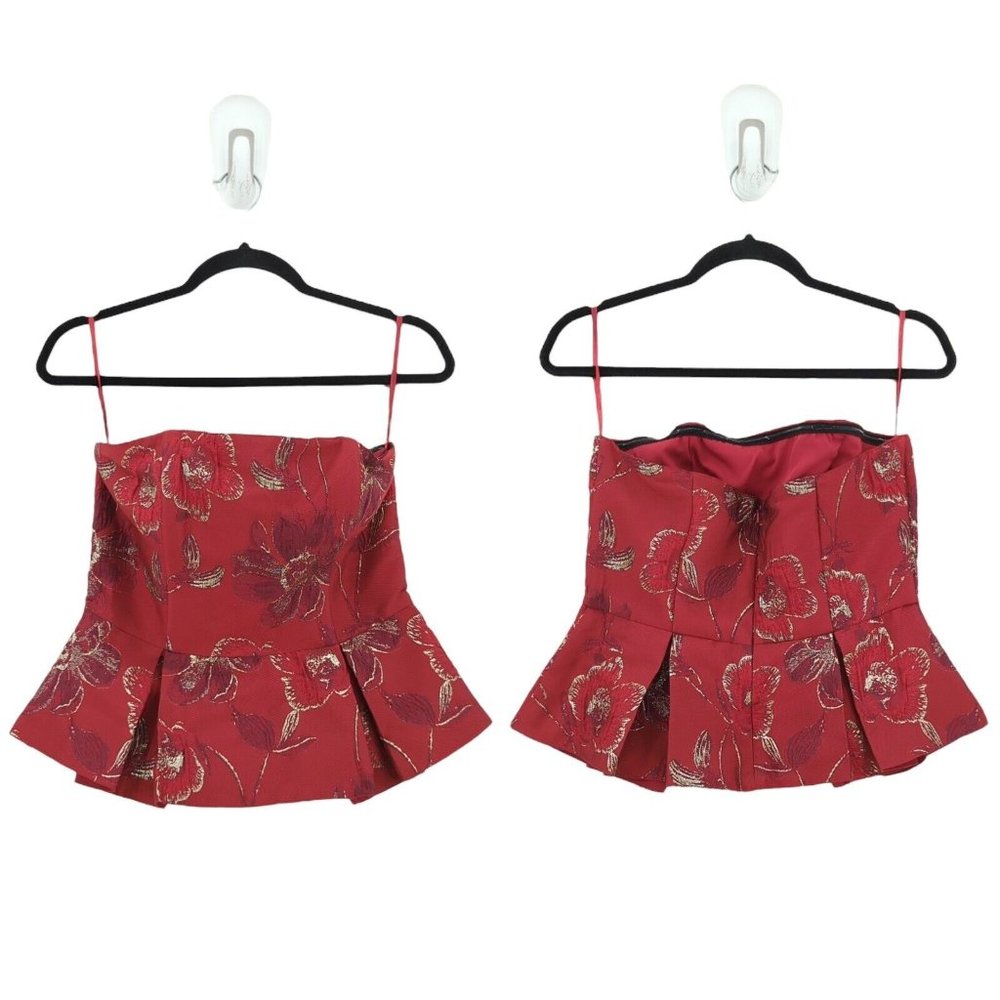 HUTCH Women 4 Audrey Top Red Peplum Floral Motif Metallic Strapless Pleated FLAW